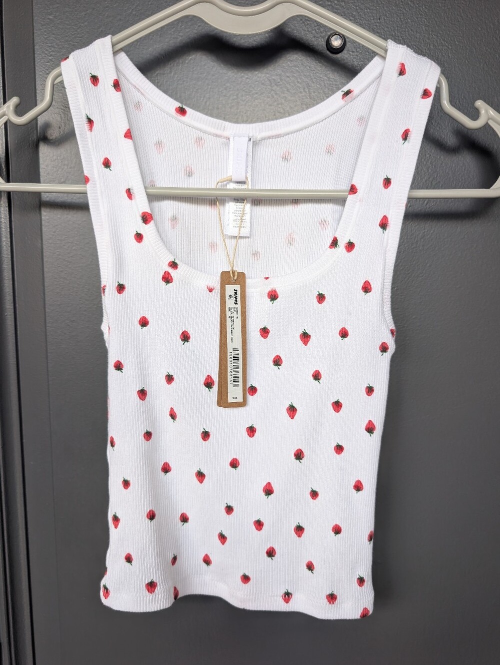 SKIMS White Ribbed Tank Top with Red Strawberry Print